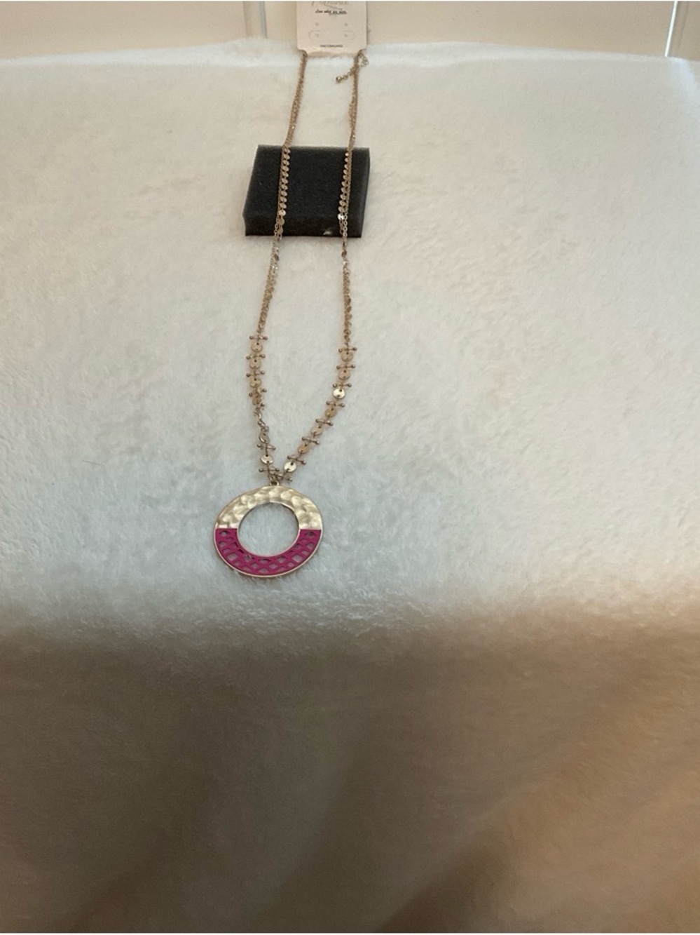 Hammered Gold-Tone Necklace with Pink Enamel Circle Pendant